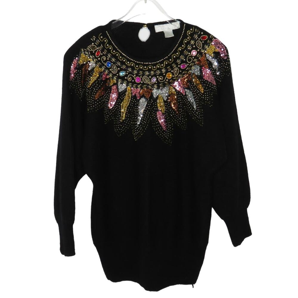 1980s Vintage Rainbow Sequin Rhinestone Sweater by Jane Ashley Small